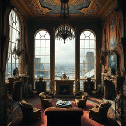A stunning visual of an opulent room filled with extravagant decor and luxurious furnishings, showcasing rich tapestries and ornate gold accents