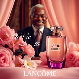 A high-quality poster featuring 'La Vie Est Belle' fragrance by Lancôme, prominently displayed in an elegant and luxurious setting