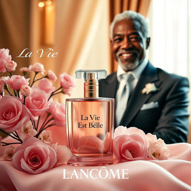 A high-quality poster featuring 'La Vie Est Belle' fragrance by Lancôme, prominently displayed in an elegant and luxurious setting