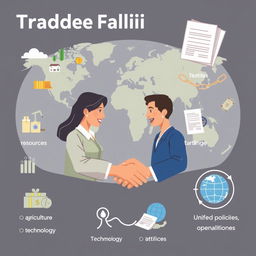 An illustrative poster showing economic cooperation and trade facilitation