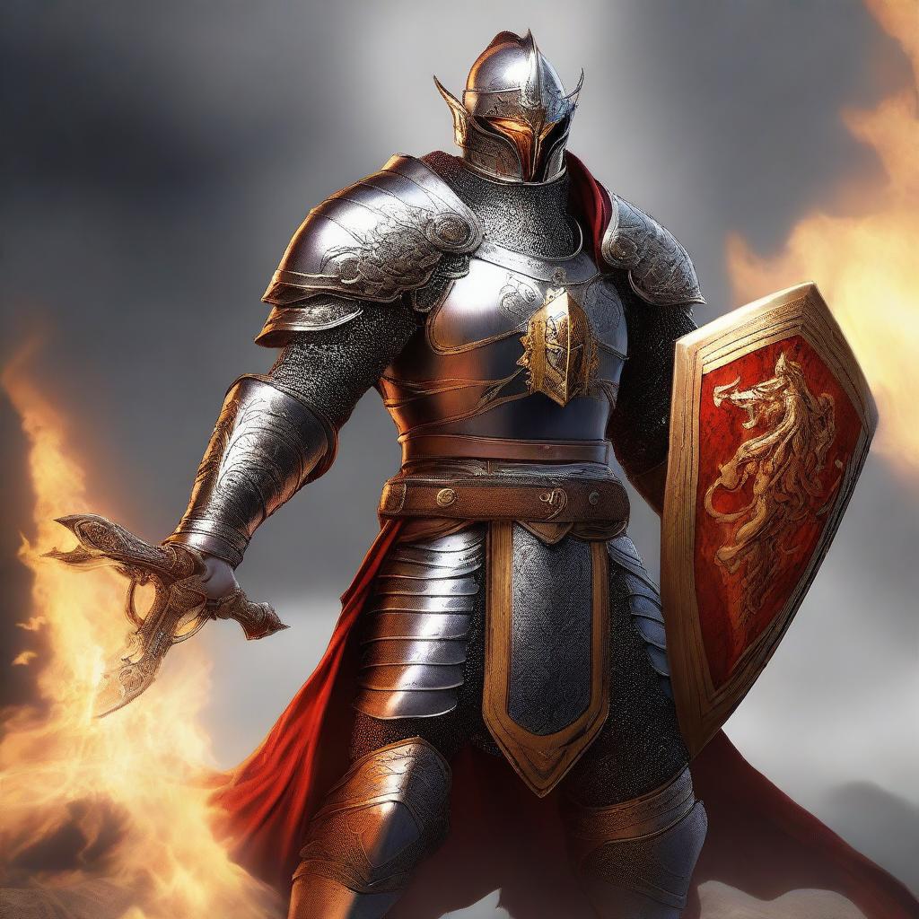 A high-quality digital art image portrays a human paladin in mythical armor, sans helmet