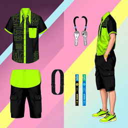A creative design for uniforms at an arcade game center, featuring vibrant colors, sleek and modern cuts
