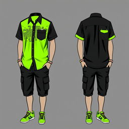 A creative design for uniforms at an arcade game center, featuring vibrant colors, sleek and modern cuts