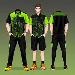 A creative design for uniforms at an arcade game center, featuring vibrant colors, sleek and modern cuts