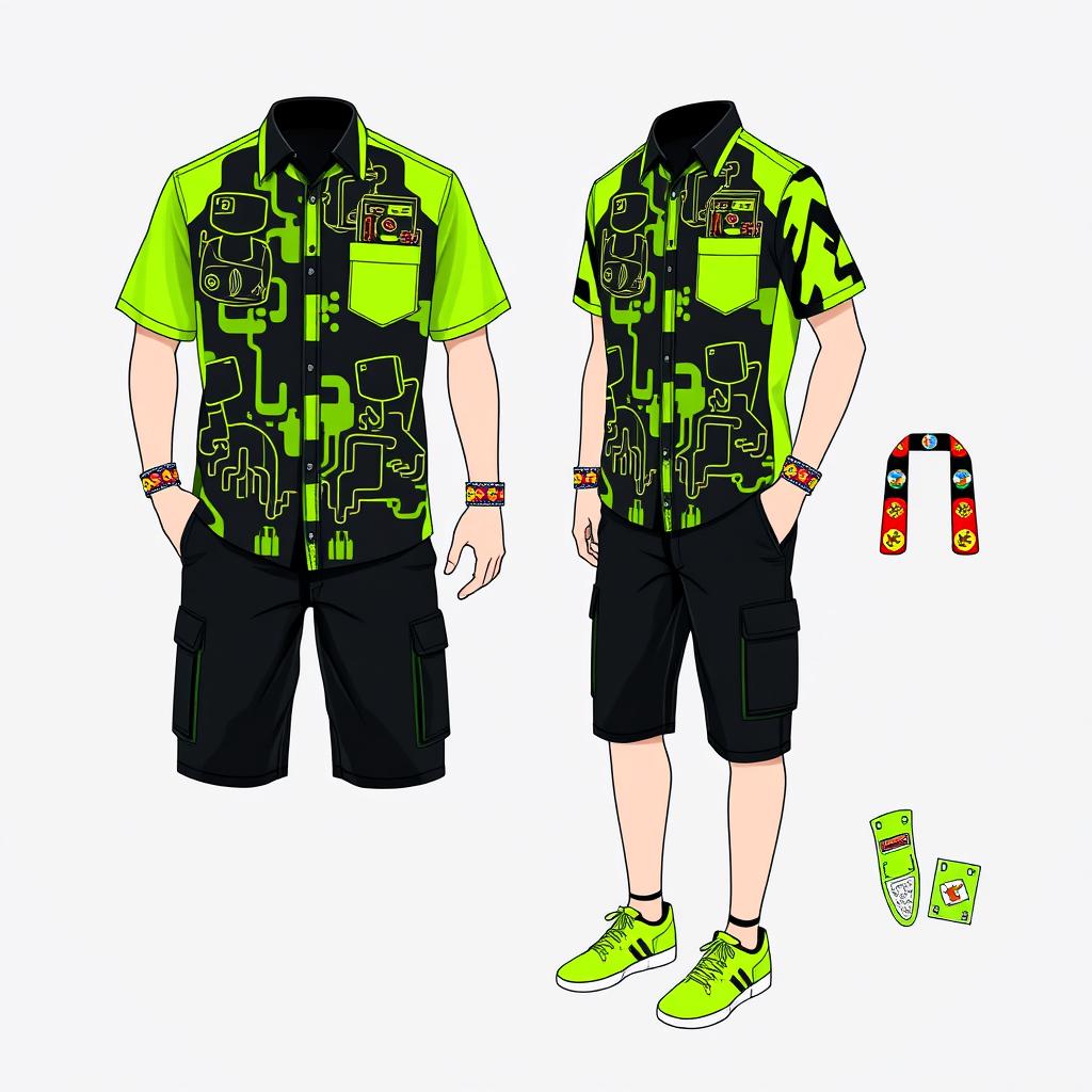 A creative design for uniforms at an arcade game center, featuring vibrant colors, sleek and modern cuts