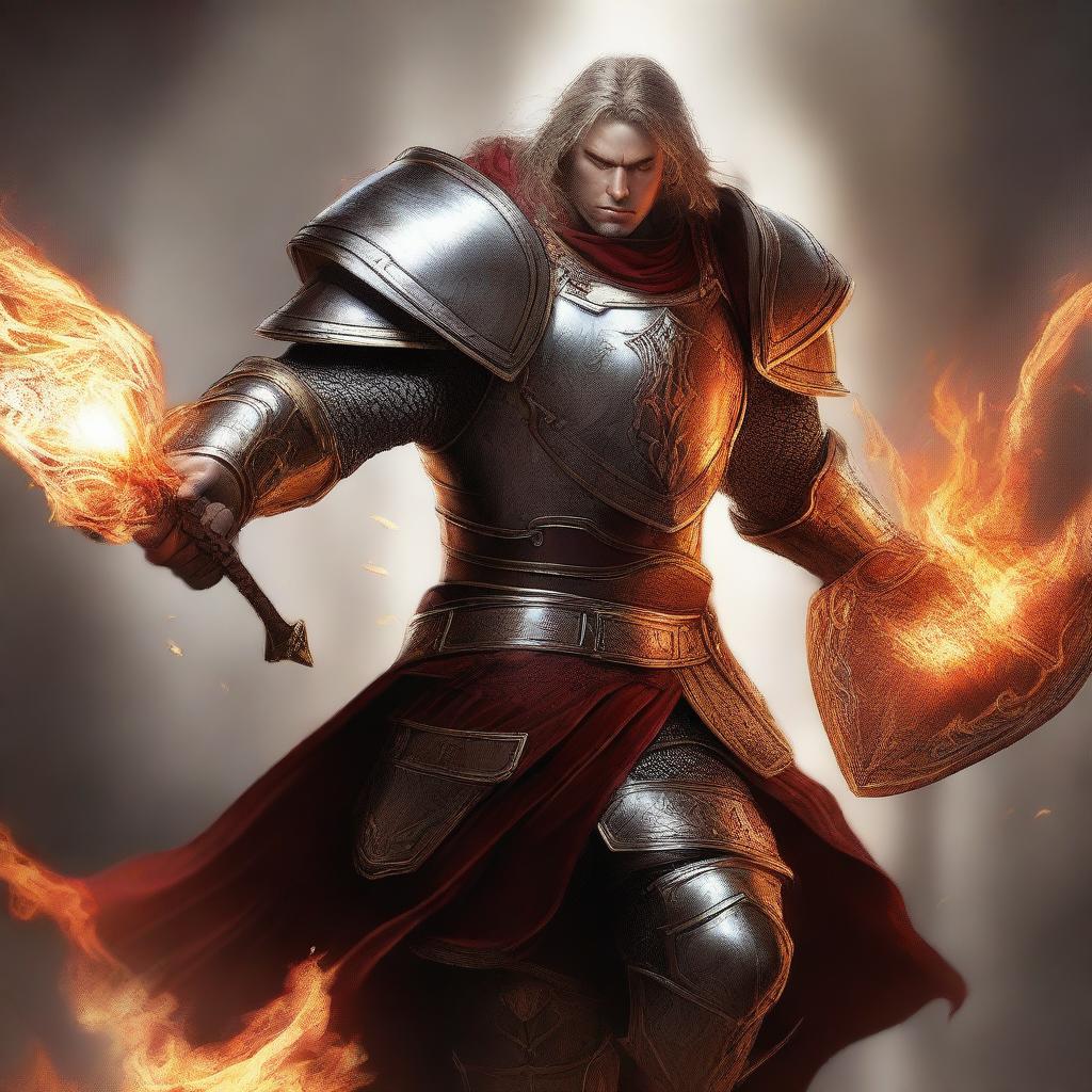 A high-quality digital art image illustrates a human paladin in action