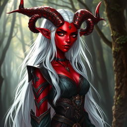 A beautiful tiefling female character with long white hair cascading down her back, exhibiting a striking red skin tone