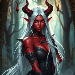 A beautiful tiefling female character with long white hair cascading down her back, exhibiting a striking red skin tone