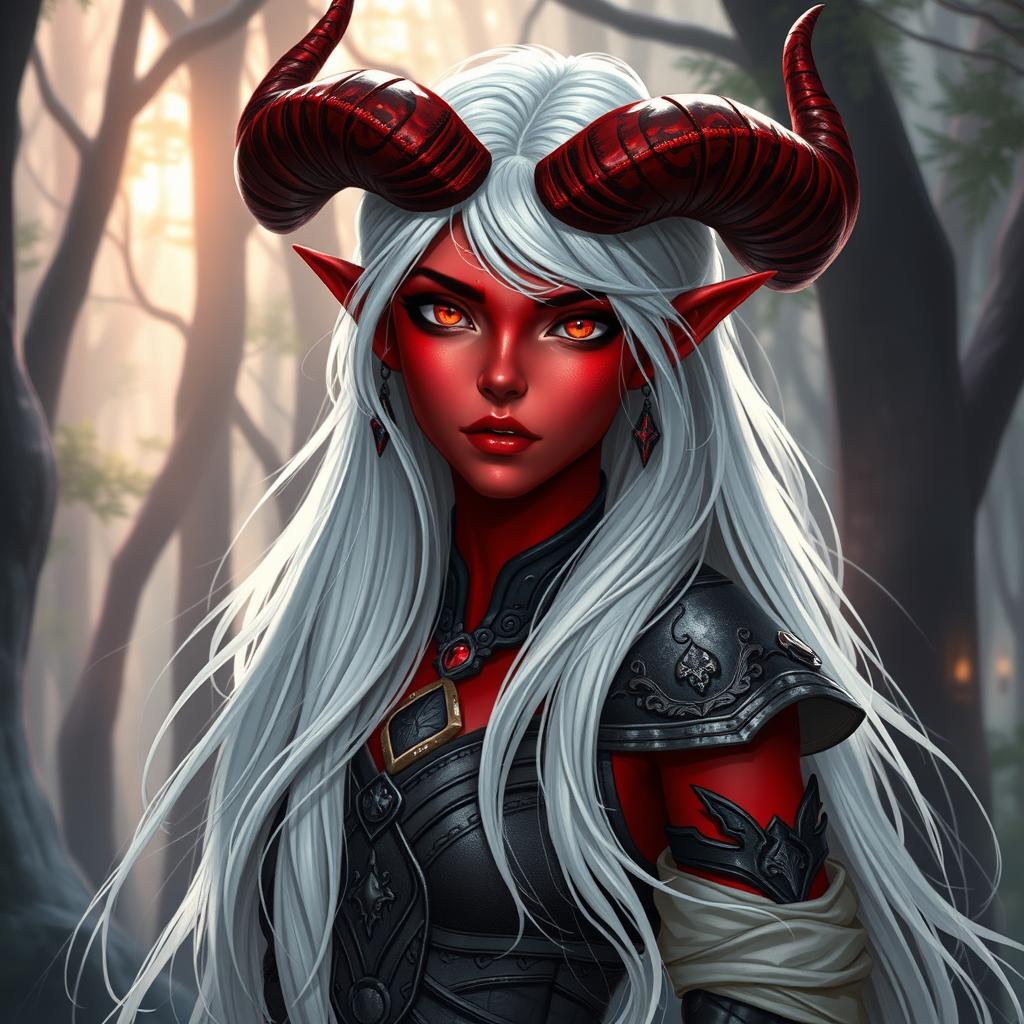 A beautiful tiefling female character with long white hair cascading down her back, exhibiting a striking red skin tone