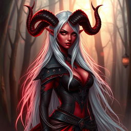 A beautiful tiefling female character with long white hair cascading down her back, exhibiting a striking red skin tone