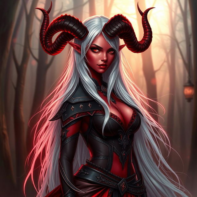 A beautiful tiefling female character with long white hair cascading down her back, exhibiting a striking red skin tone