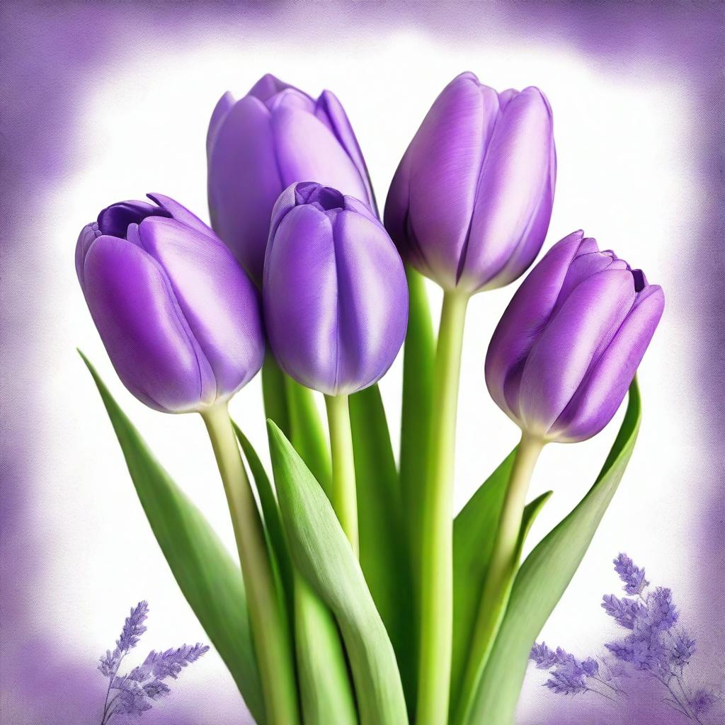 A high-quality digital art of a lavish bouquet of purple tulips, paired with sprigs of fresh lavender