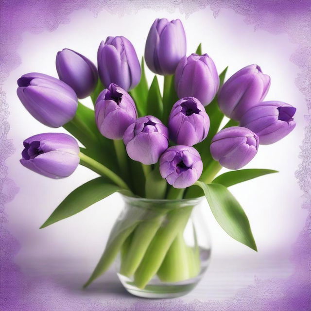 A high-quality digital art of a lavish bouquet of purple tulips, paired with sprigs of fresh lavender