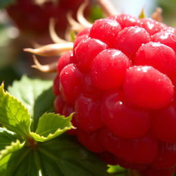 A close-up of a swollen fruit, specifically a ripe, oversized raspberry bursting with juiciness, showcasing its velvety texture and deep red color