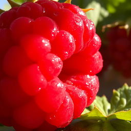 A close-up of a swollen fruit, specifically a ripe, oversized raspberry bursting with juiciness, showcasing its velvety texture and deep red color
