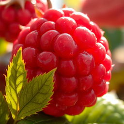 A close-up of a swollen fruit, specifically a ripe, oversized raspberry bursting with juiciness, showcasing its velvety texture and deep red color