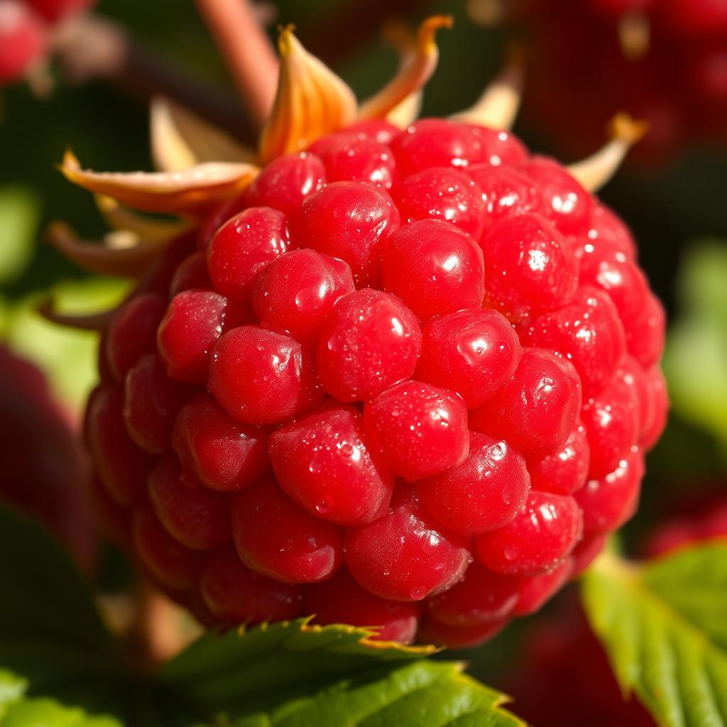 A close-up of a swollen fruit, specifically a ripe, oversized raspberry bursting with juiciness, showcasing its velvety texture and deep red color