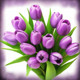 A high-quality digital art of a lavish bouquet of purple tulips, paired with sprigs of fresh lavender