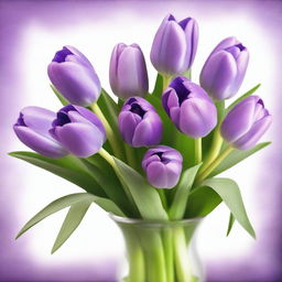 A high-quality digital art of a lavish bouquet of purple tulips, paired with sprigs of fresh lavender