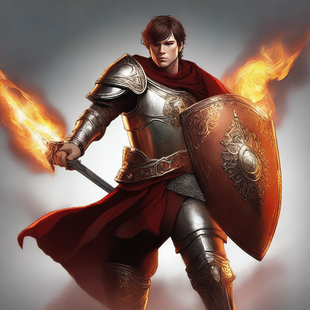 A high-quality digital art image illustrates a human paladin with short brown hair