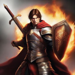 A high-quality digital art image illustrates a human paladin with short brown hair