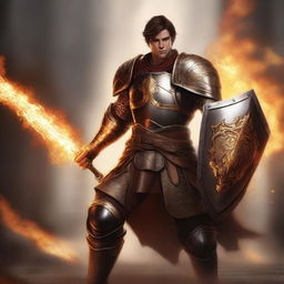 A high-quality digital art image illustrates a human paladin with short brown hair