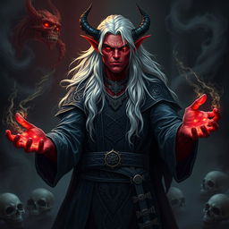 A mesmerizing Tiefling male necromancer with long, flowing white hair and striking red skin
