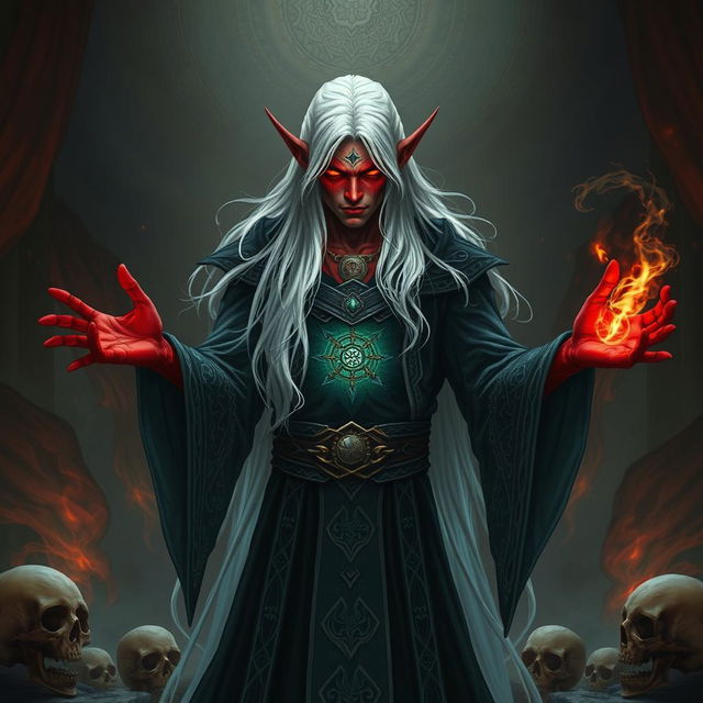 A mesmerizing Tiefling male necromancer with long, flowing white hair and striking red skin