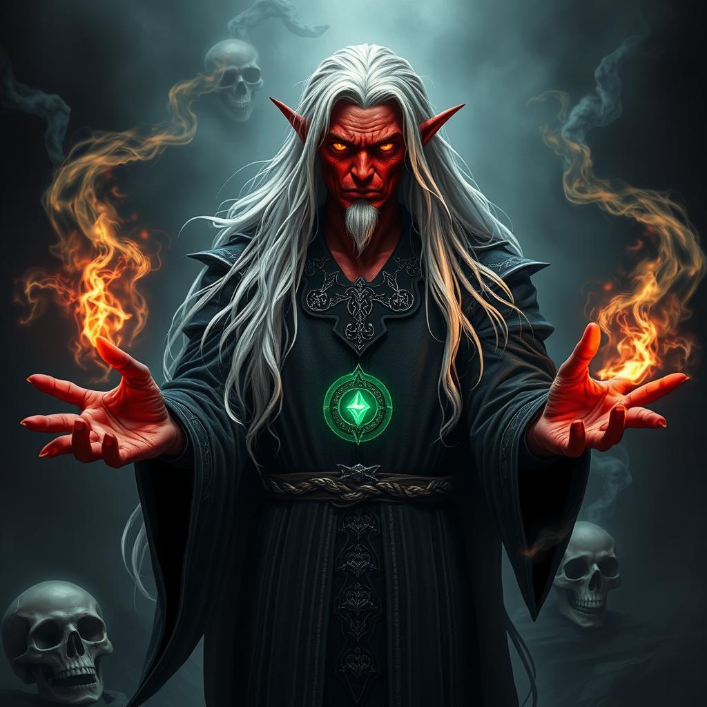 A mesmerizing Tiefling male necromancer with long, flowing white hair and striking red skin