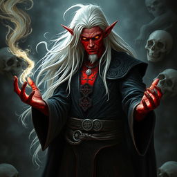 A mesmerizing Tiefling male necromancer with long, flowing white hair and striking red skin