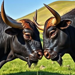 A vivid portrayal of two majestic black bulls facing each other, showcasing their powerful horns and muscular build