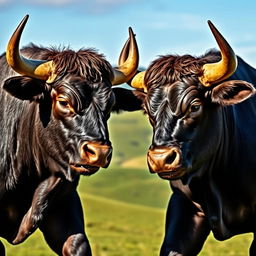 A vivid portrayal of two majestic black bulls facing each other, showcasing their powerful horns and muscular build