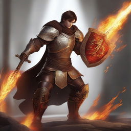 A high-quality digital art image illustrates a human paladin with short brown hair