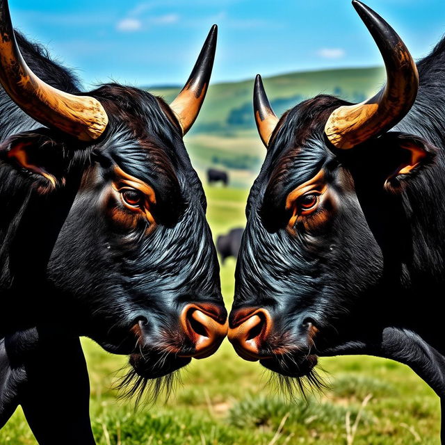 A vivid portrayal of two majestic black bulls facing each other, showcasing their powerful horns and muscular build