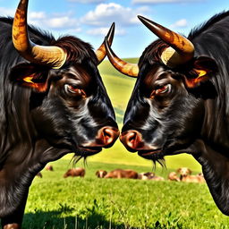 A vivid portrayal of two majestic black bulls facing each other, showcasing their powerful horns and muscular build