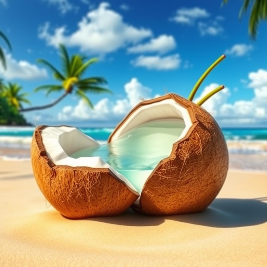 A vibrant and realistic depiction of a coconut fruit resting on a sandy beach