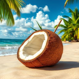 A vibrant and realistic depiction of a coconut fruit resting on a sandy beach