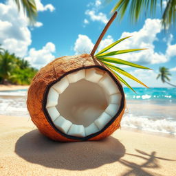 A vibrant and realistic depiction of a coconut fruit resting on a sandy beach