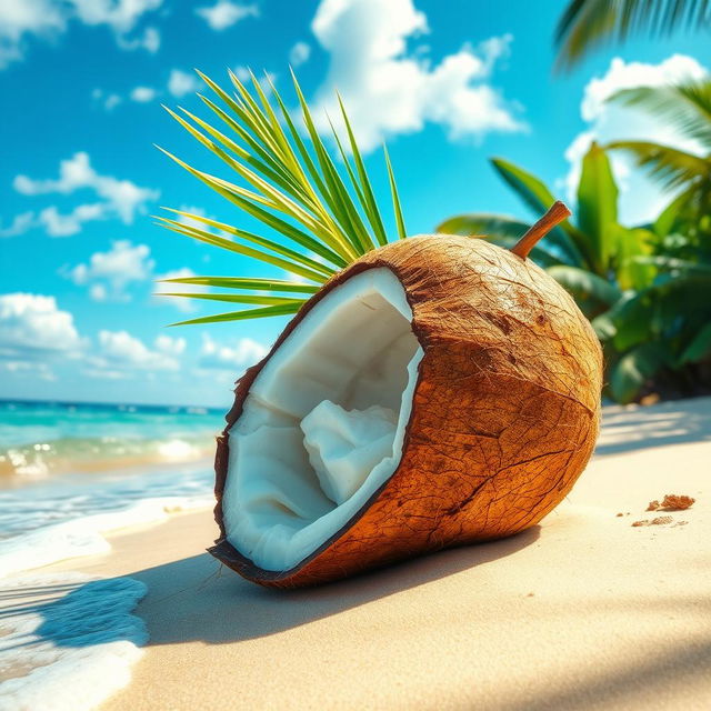 A vibrant and realistic depiction of a coconut fruit resting on a sandy beach