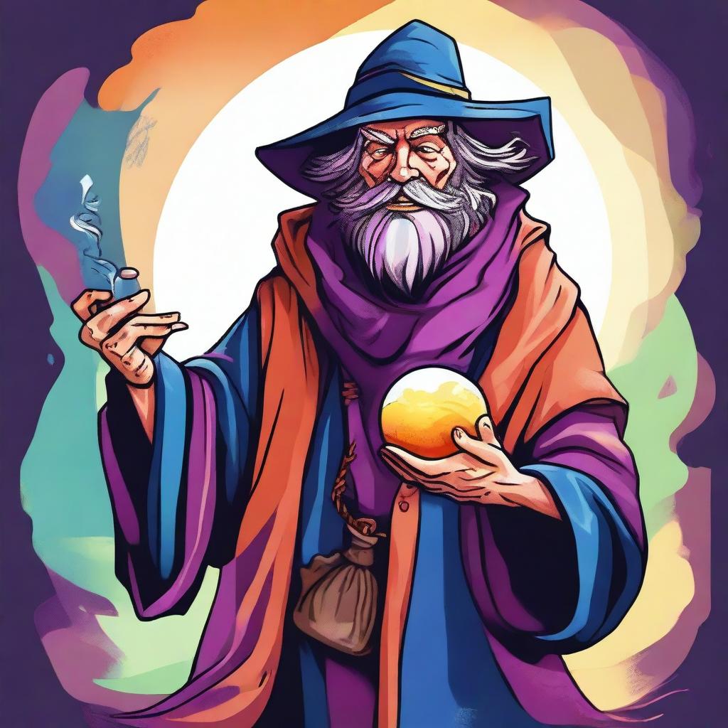 This is a colorful, cartoon-style digital art illustration of a homeless wild magic sorcerer