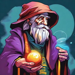 This is a colorful, cartoon-style digital art illustration of a homeless wild magic sorcerer