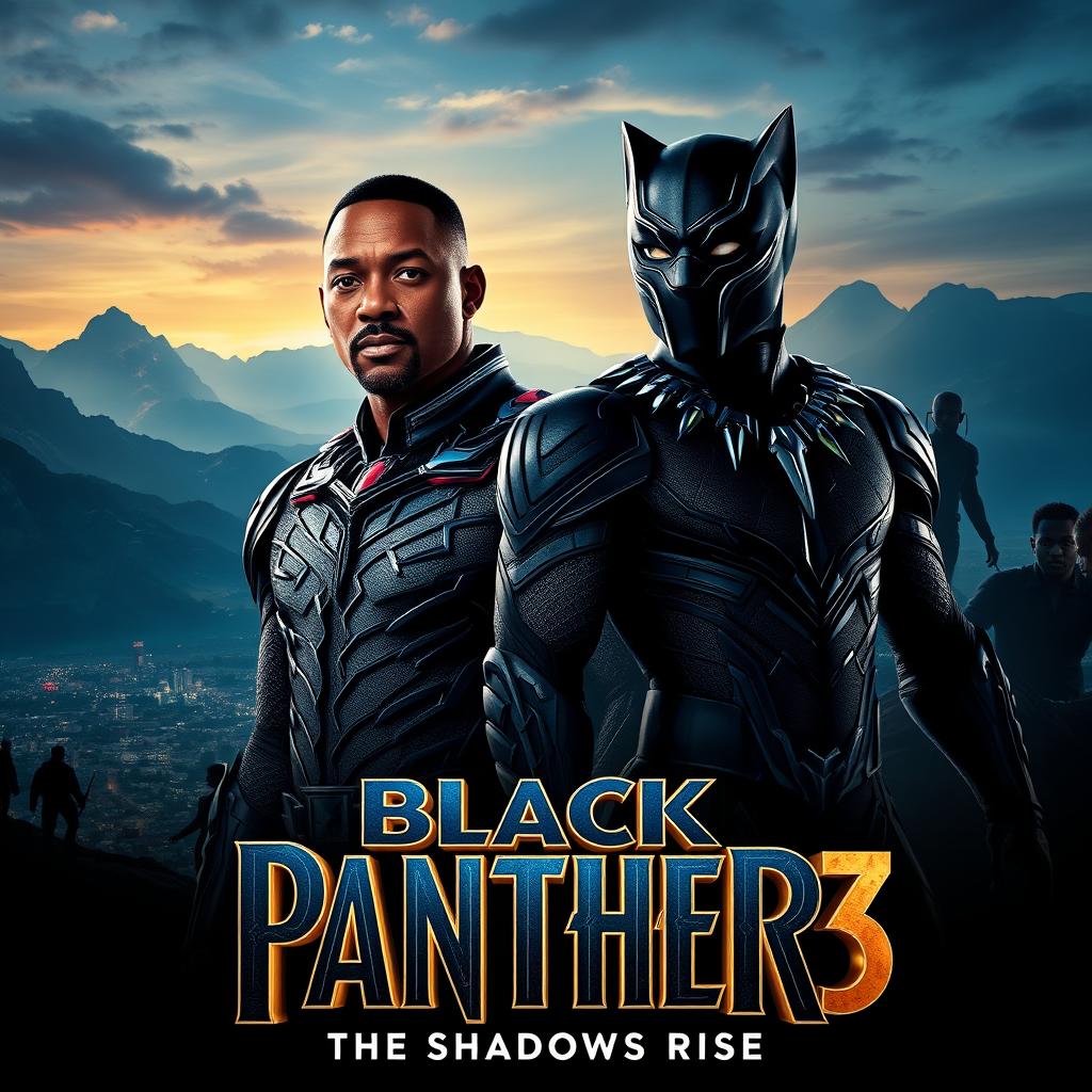 An exhilarating movie poster for 'Black Panther 3: Shadows of Wakanda' (2025), featuring Will Smith and Michael B