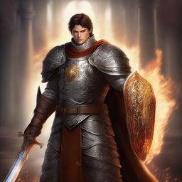 A high-quality digital art image portrays a human paladin with short brown hair