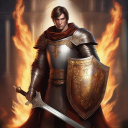 A high-quality digital art image portrays a human paladin with short brown hair