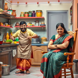 A humorous scene depicting a South Indian husband in a vibrant kitchen, energetically cooking up a storm with a big smile on his face, wearing an apron and traditional attire