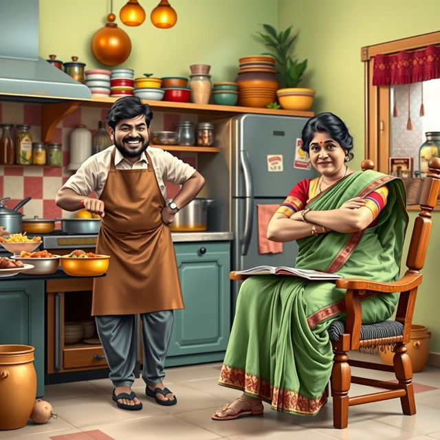 A humorous scene depicting a South Indian husband in a vibrant kitchen, energetically cooking up a storm with a big smile on his face, wearing an apron and traditional attire