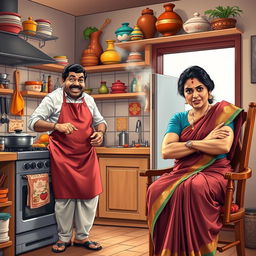 A humorous scene depicting a South Indian husband in a vibrant kitchen, energetically cooking up a storm with a big smile on his face, wearing an apron and traditional attire