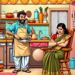 A humorous scene depicting a South Indian husband in a vibrant kitchen, energetically cooking up a storm with a big smile on his face, wearing an apron and traditional attire