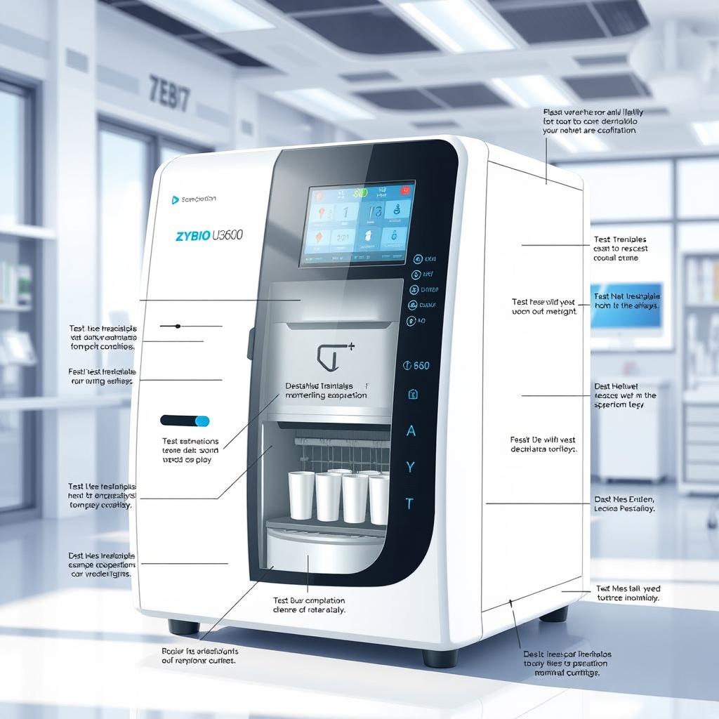 A detailed and informative illustration of the Zybio U3600 Urinalysis Hybrid System, showcasing its modern and sleek design