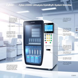 A detailed and informative illustration of the Zybio U3600 Urinalysis Hybrid System, showcasing its modern and sleek design